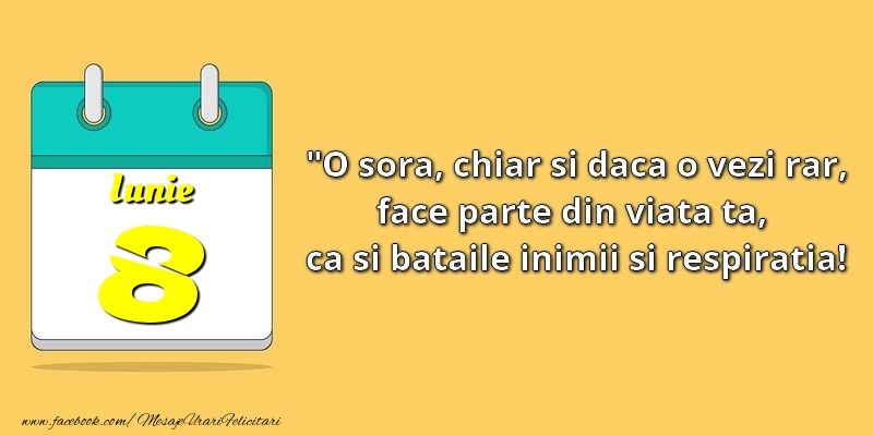 Felicitari de 8 Iunie - O soră, chiar şi dacă o vezi rar, face parte din viata ta, ca şi bătăile inimii şi respiraţia! 8Iunie