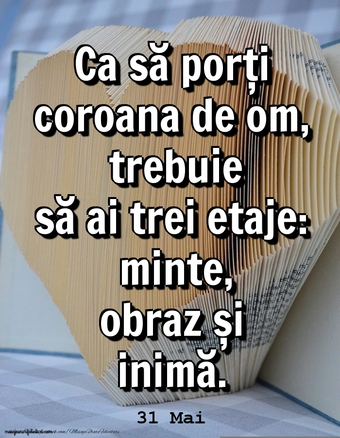 Felicitari de 31 Mai - 31.Mai 	Ca să porți coroana de om, trebuie să ai trei etaje: minte, obraz și inimă.