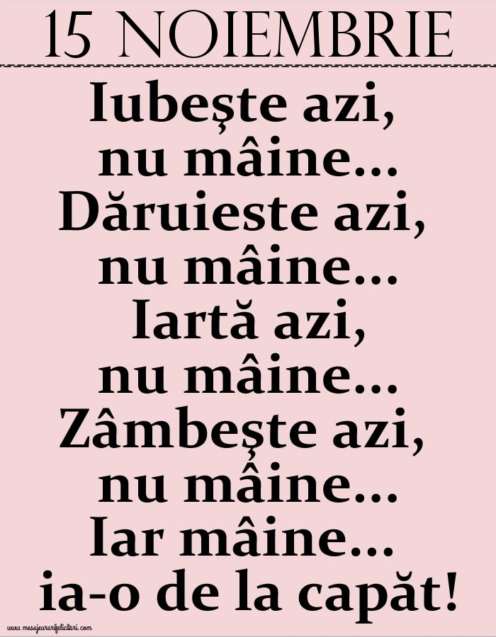 15.Noiembrie Iubeşte azi, nu mâine. Dăruieste azi, nu mâine. Iartă azi, nu mâine. Zâmbeşte azi, nu mâine. Iar mâine...ia-o de la capăt!