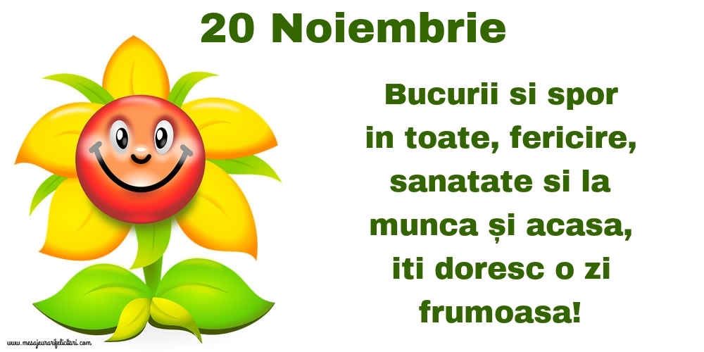 Felicitari de 20 Noiembrie - 20.Noiembrie Bucurii si spor in toate, fericire, sanatate si la munca și acasa, iti doresc o zi frumoasa!