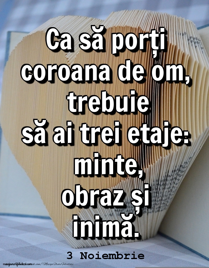 Felicitari de 3 Noiembrie - 3.Noiembrie 	Ca să porți coroana de om, trebuie să ai trei etaje: minte, obraz și inimă.