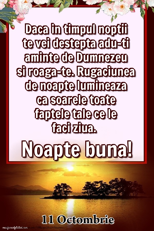 11 Octombrie - Daca in timpul noptii te vei destepta adu-ti aminte de Dumnezeu si roaga-te. Rugaciunea de noapte lumineaza ca soarele toate faptele tale ce le faci ziua. Noapte buna!
