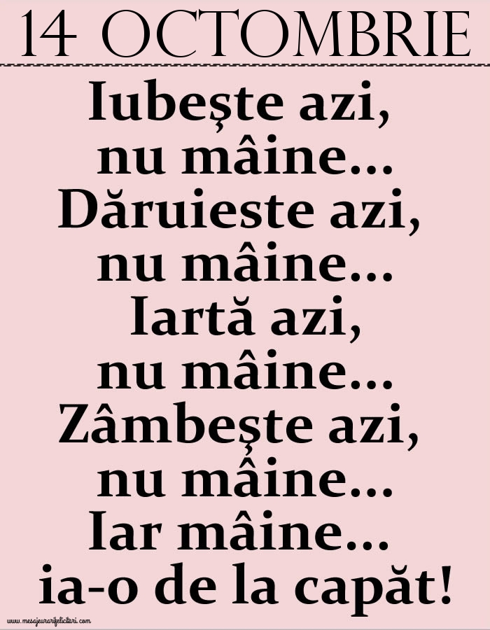 14.Octombrie Iubeşte azi, nu mâine. Dăruieste azi, nu mâine. Iartă azi, nu mâine. Zâmbeşte azi, nu mâine. Iar mâine...ia-o de la capăt!