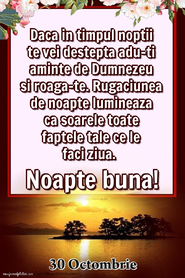 Felicitari de 30 Octombrie - 30 Octombrie - Daca in timpul noptii te vei destepta adu-ti aminte de Dumnezeu si roaga-te. Rugaciunea de noapte lumineaza ca soarele toate faptele tale ce le faci ziua. Noapte buna!