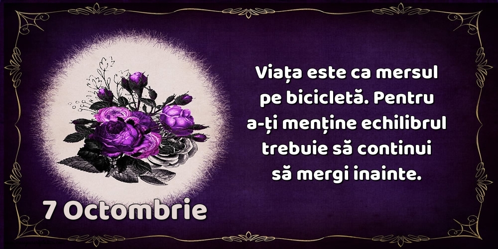 7.Octombrie Viața este ca mersul pe bicicletă. Pentru a-ți menține echilibrul trebuie să continui să mergi inainte.