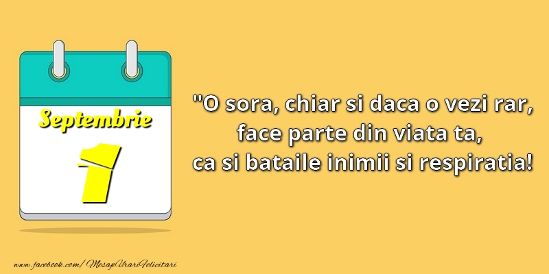 Felicitari de 1 Septembrie - O soră, chiar şi dacă o vezi rar, face parte din viata ta, ca şi bătăile inimii şi respiraţia! 1Septembrie