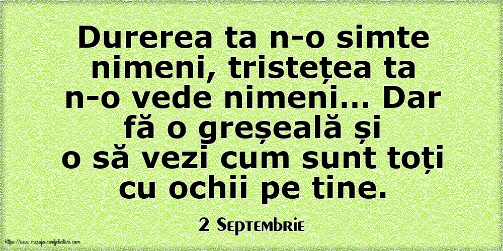 Felicitari de 2 Septembrie - 2 Septembrie - Durerea ta n-o simte nimeni, tristețea ta n-o vede nimeni…