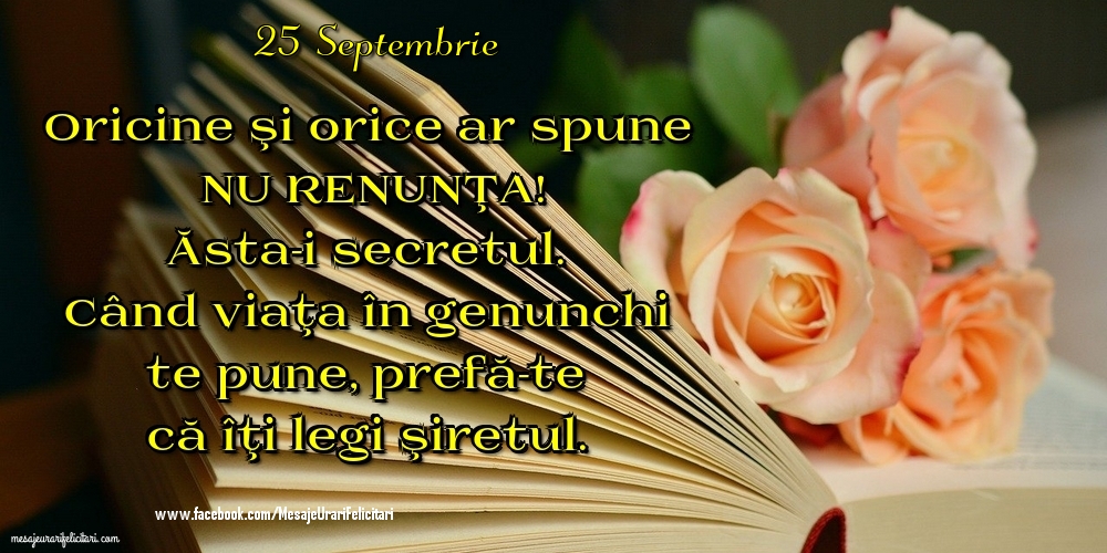25 Septembrie - Oricine şi orice ar spune NU RENUNŢA! Ăsta-i secretul. Când viaţa în genunchi te pune, prefă-te că îţi legi şiretul.