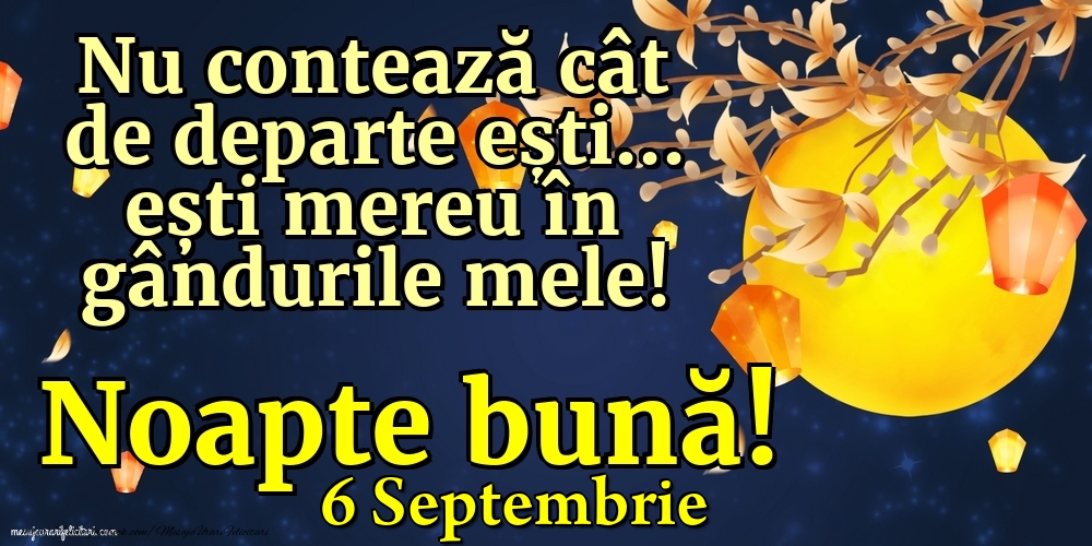 Felicitari de 6 Septembrie - 6 Septembrie - Nu contează cât de departe ești... ești mereu în gândurile mele! Noapte bună!