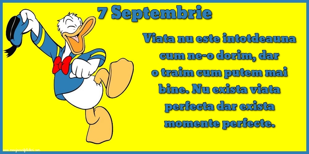 Felicitari de 7 Septembrie - 7.Septembrie Viata nu este intotdeauna cum ne-o dorim, dar o traim cum putem mai bine. Nu exista viata perfecta dar exista momente perfecte.