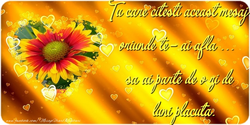 Tu care citesti aceast mesaj oriunde te-ai afla ... sa ai parte de o zi de luni placuta!