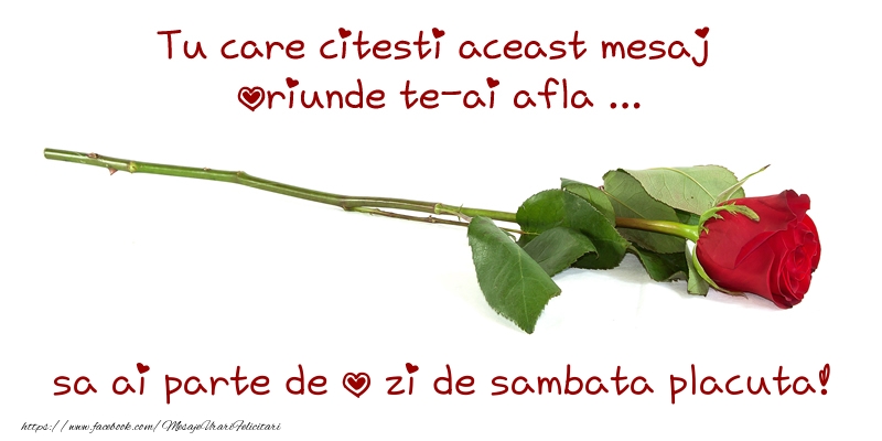 Tu care citesti aceast mesaj oriunde te-ai afla ... sa ai parte de o zi de sambata placuta!